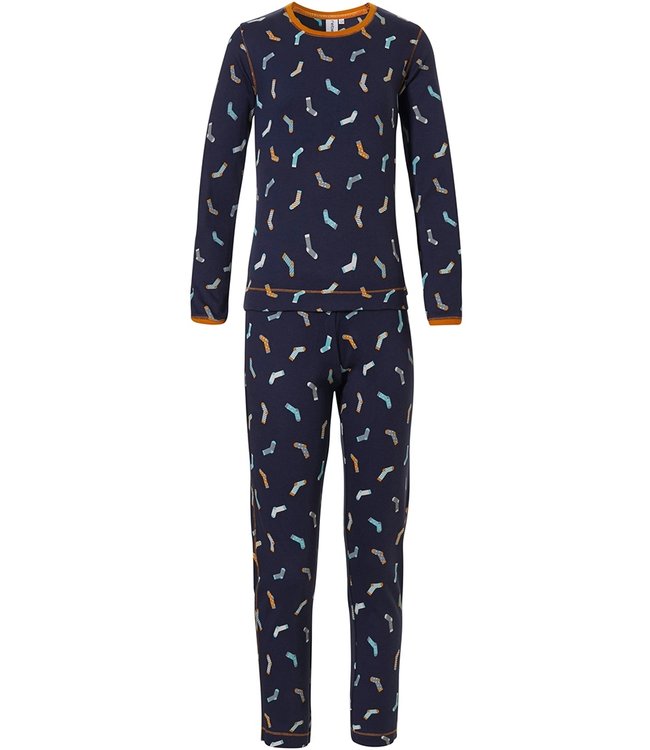 Rebelle Girls 'crazy socks' dark blue, orange & turquoise long sleeve girls cotton pyjama with all over 'crazy socks' pattern and long matching pants