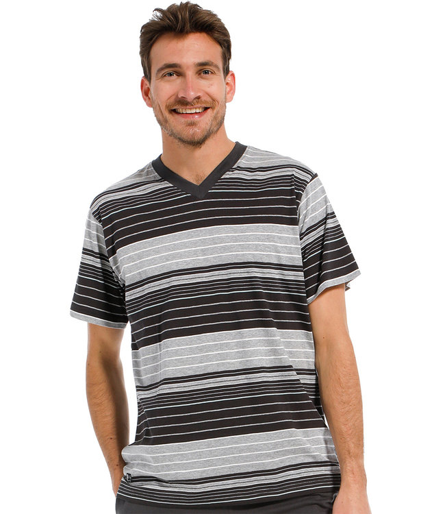 moderne, grijs gestreepte heren pyjama top met korte mouwen