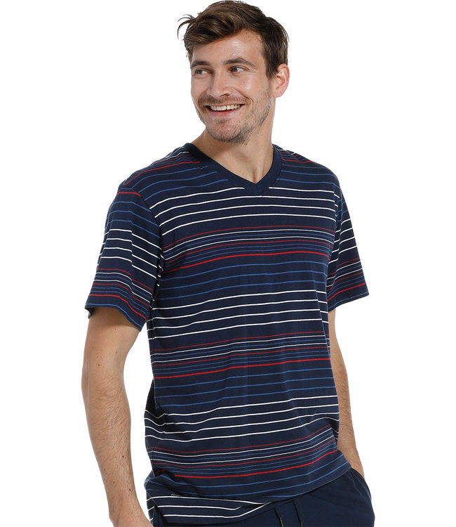 a modern red, white and blue multi-striped men's Mix & Match short sleeved pyjama top