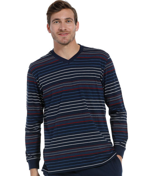 Mix & Match, modern red, white and blue multi-striped men's long sleeved pyjama top