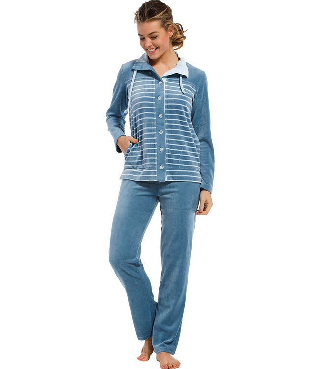 blue soft cotton velvet striped homesuit with buttons