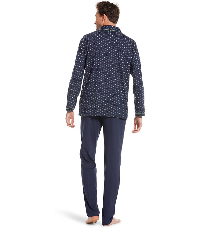 donkerblauwe katoenen doorknoop heren pyjama 'chain link'
