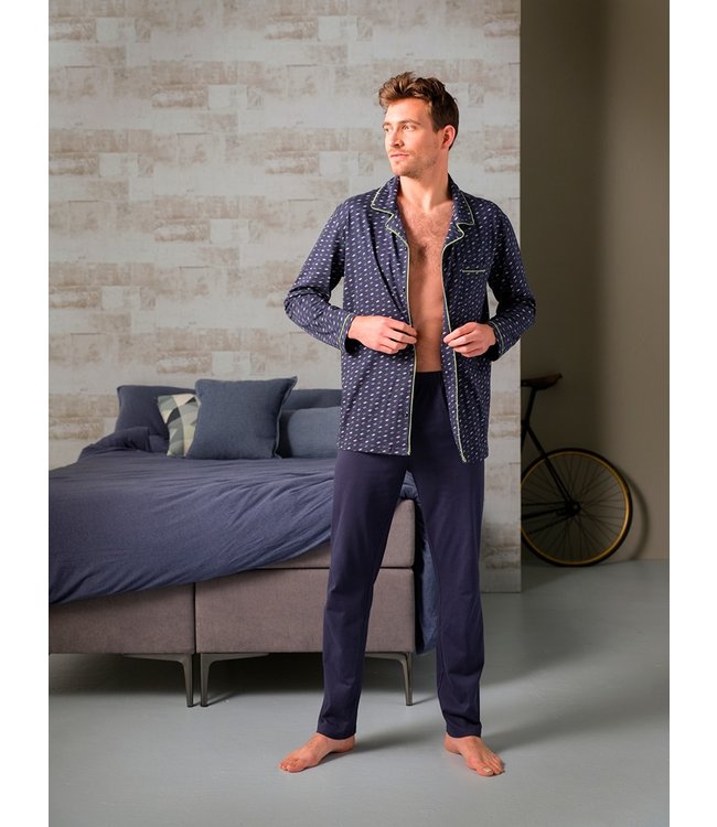 donkerblauwe katoenen doorknoop heren pyjama 'chain link'