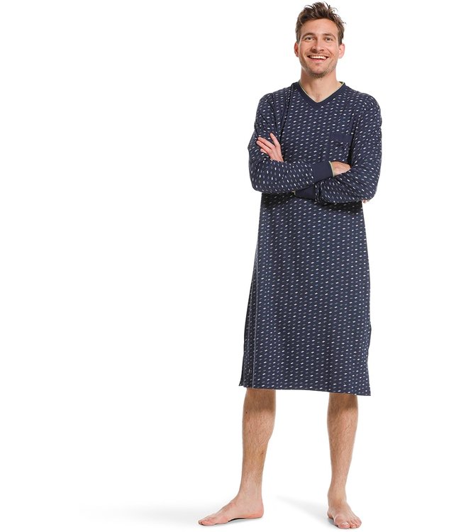 donkerblauw katoenen heren nachthemd met v-hals 'chain link'