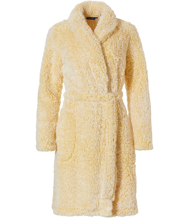 Rebelle wrap over yellow morninggown with shawl collar 'fabulously fluffy'
