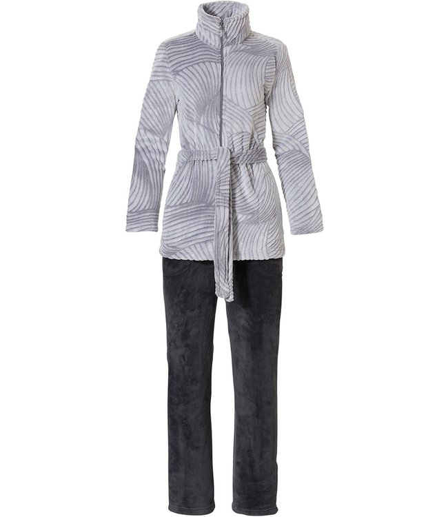 Pastunette grey fleece homesuit with zip 'mega abstract orchid flower'