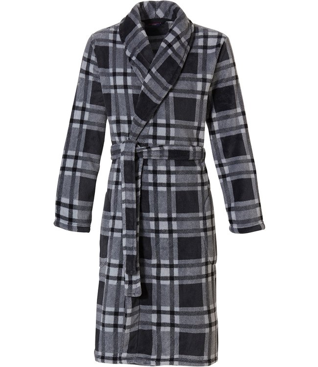 grey fleece wrap-over morningown with belt 'sporty checks'