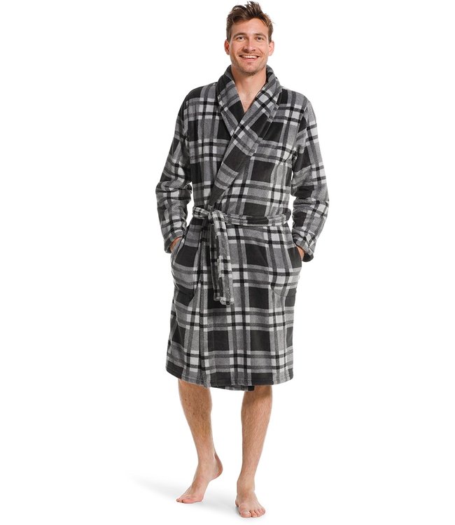 grijze fleece overslag herenochtendjas met ceintuur 'sporty checks'