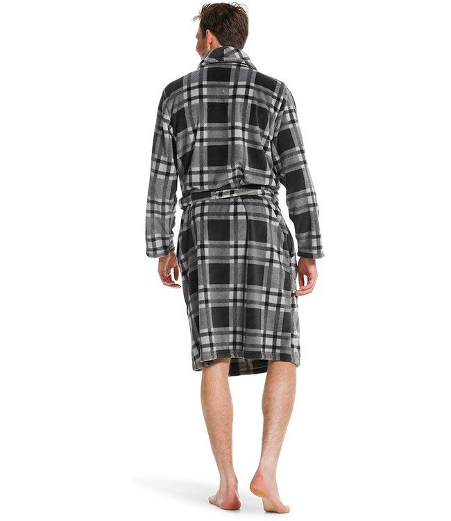 grey fleece wrap-over morningown with belt 'sporty checks'