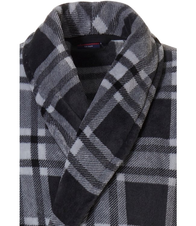 grey fleece wrap-over morningown with belt 'sporty checks'