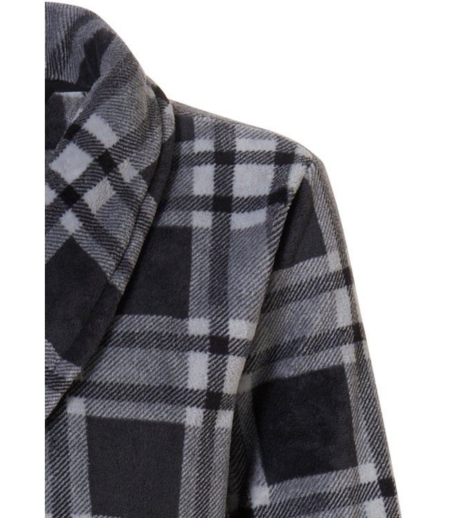 grijze fleece overslag herenochtendjas met ceintuur 'sporty checks'
