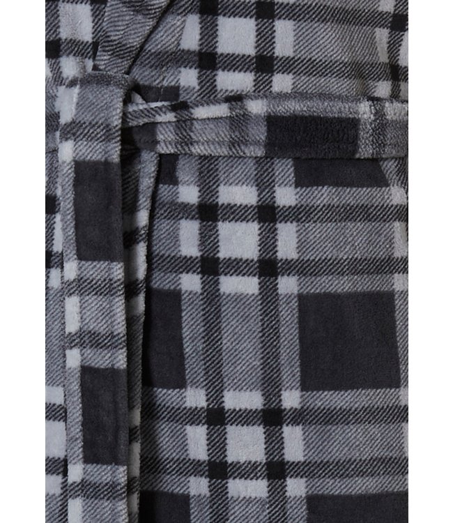 grey fleece wrap-over morningown with belt 'sporty checks'