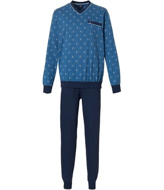 Robson turquoise-blauwe katoenen pyjama met lange mouwen en boorden 'wavy circles'