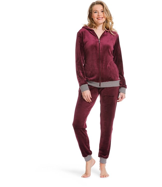 velvet home lounge suit with zip 'rich bordeaux beauty'