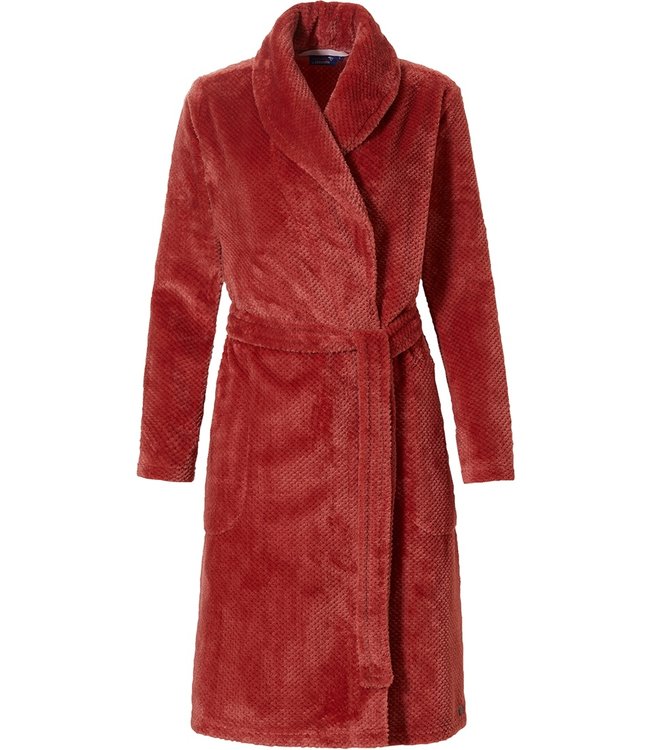 Rebelle red fleece wrap-over morninggown 'pretty bobble detail'