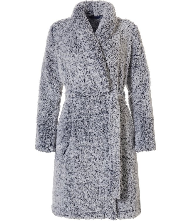 Rebelle wrap over grey morninggown with shawl collar 'fabulously fluffy'