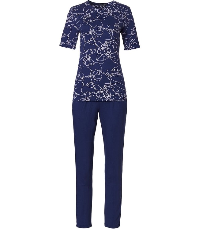 Pastunette Deluxe donkerblauwe zomerse pyjama met korte mouwen voor dames 'floral line art'