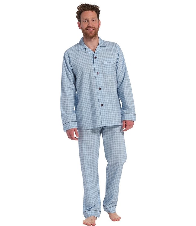 light blue full button 100% cotton woven mens pyjama 'checkered squares'