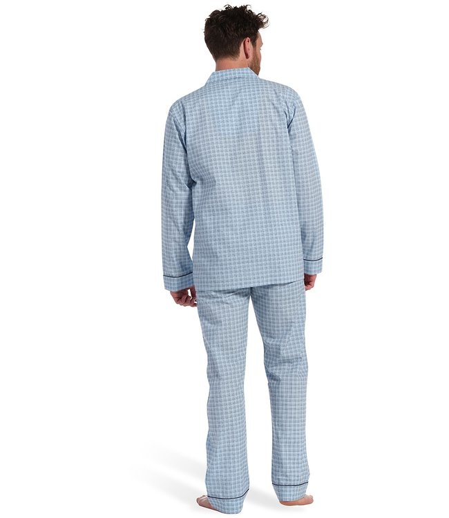 light blue full button 100% cotton woven mens pyjama 'checkered squares'