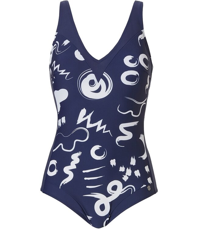 donkerblauw badpak met v-hals 'twizz & swirl'