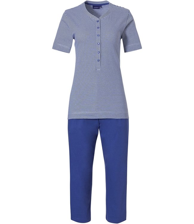 ladies short sleeve cotton pyjama set with buttons 'dark blue fine stripes'