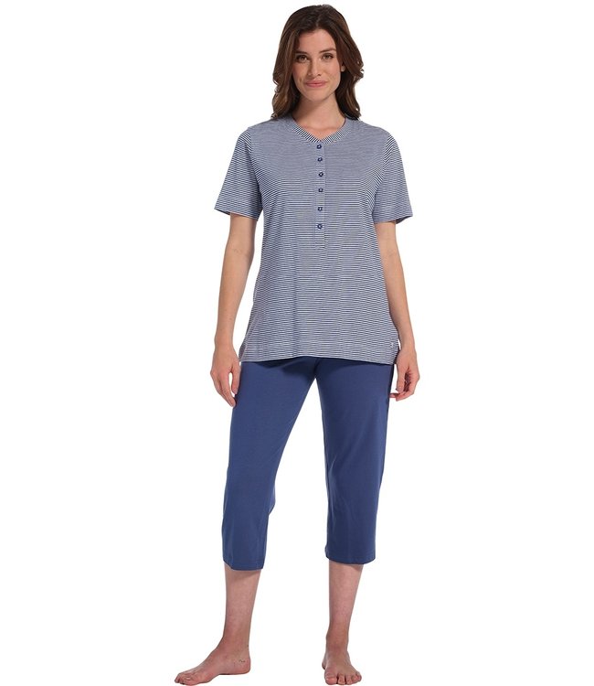 ladies short sleeve cotton pyjama set with buttons 'dark blue fine stripes'
