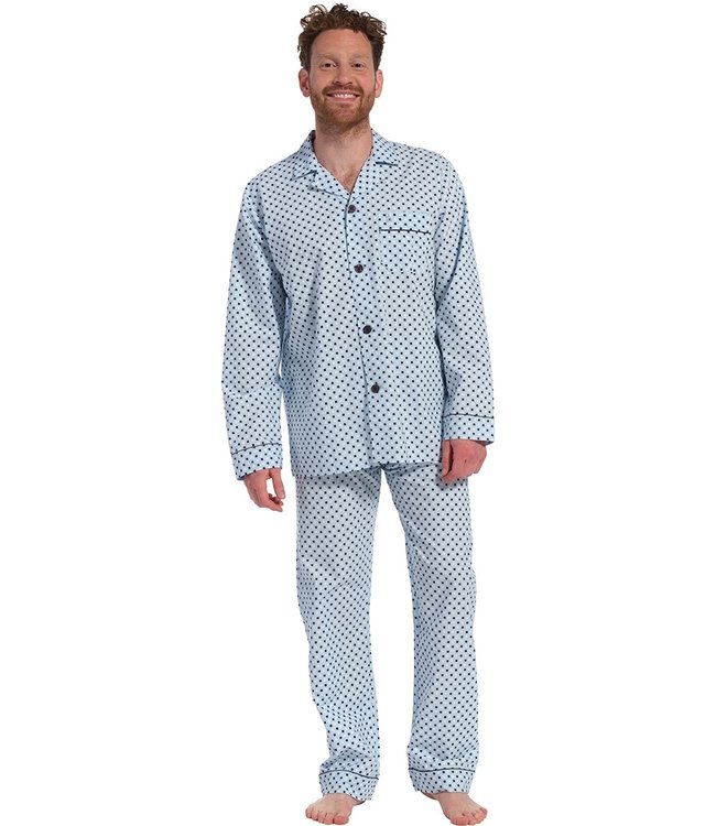 lichtblauwe, doorknoop, 100% katoen geweven herenpyjama 'coloured squares'