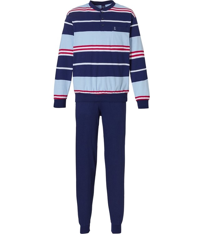 Robson blue cotton mens pyjama with buttons 'sporty stripes'