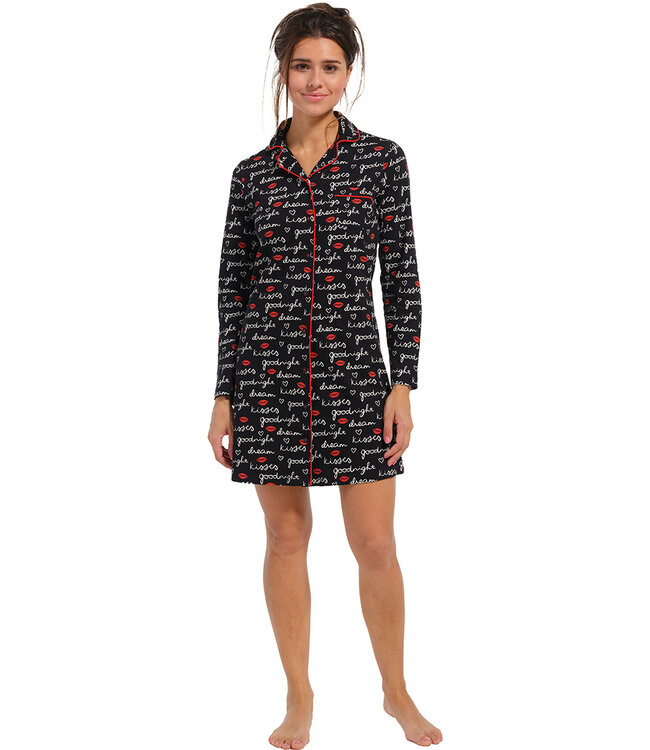 ladies full button long sleeve cotton nightdress 'goodnight kiss kiss'