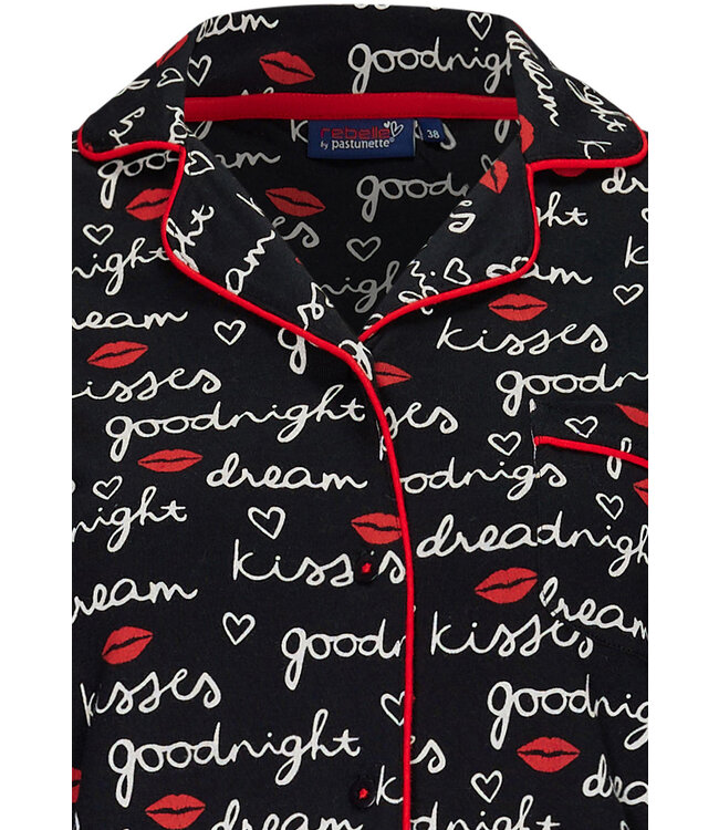 katoenen doorknoop dames nachthemd met lange mouwen 'goodnight kiss kiss'