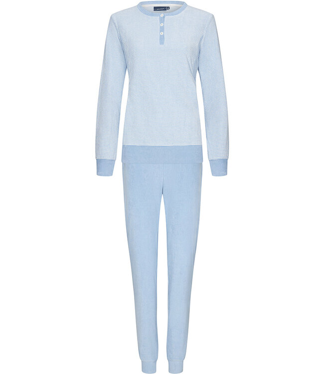 Pastunette gestreepte lichtblauwe badstof lounge - pyjama set met knopen 'stripey blue'