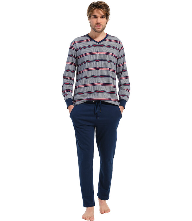 katoenen pyjama voor heren met lange mouwen en v-hals 'striped lines'