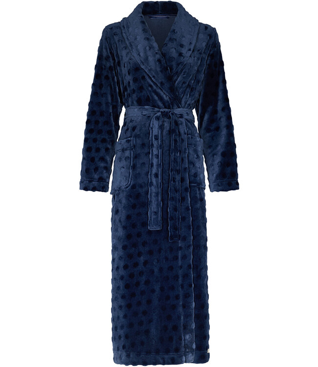 Pastunette ladies dark blue soft fleece wrap-over long morninggown 'dotty circles'