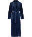 donkerblauwe, extra lange, dames overslag badjas van zachte fleece 'dotty circles'