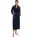 donkerblauwe, extra lange, dames overslag badjas van zachte fleece 'dotty circles'