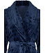 donkerblauwe, extra lange, dames overslag badjas van zachte fleece 'dotty circles'