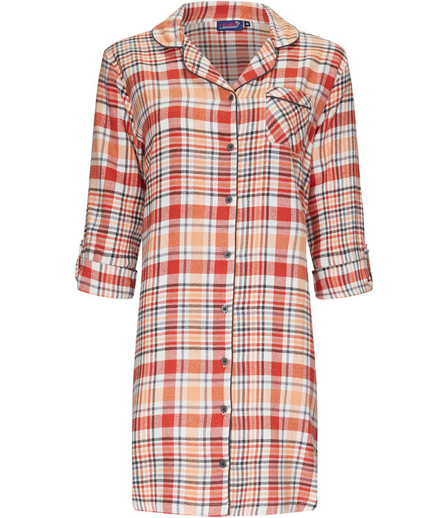long sleeve full button woven cotton nightdress 'peachy orange check'