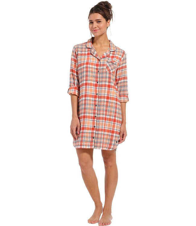 long sleeve full button woven cotton nightdress 'peachy orange check'
