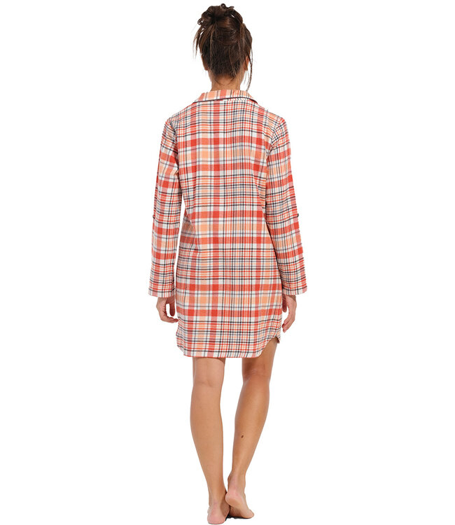 long sleeve full button woven cotton nightdress 'peachy orange check'