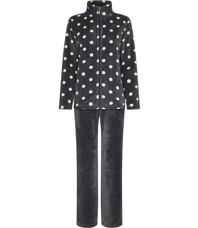 donkergrijs warm fleece loungepak met rits 'dotty circles'