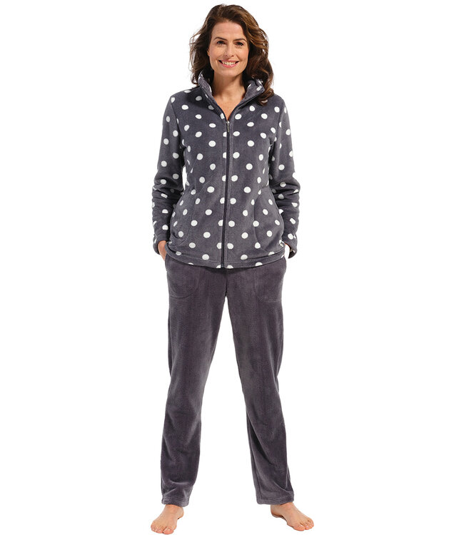 donkergrijs warm fleece loungepak met rits 'dotty circles'