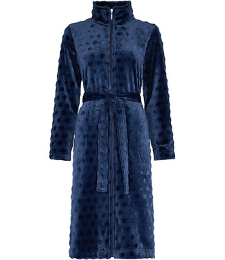 Pastunette ladies dark blue soft fleece morninggown with full zip 'dotty circles'