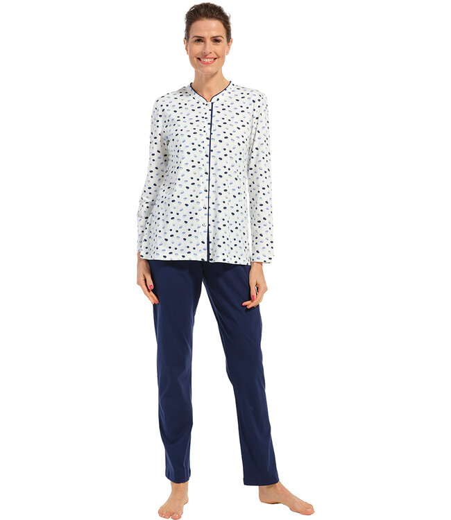 katoenen doorknoop dames pyjama met lange mouwen 'classic ditsy dots'