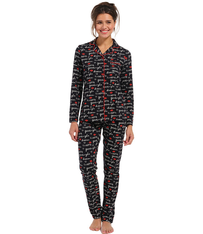 ladies full button long sleeve cotton pyjama 'goodnight kiss kiss'