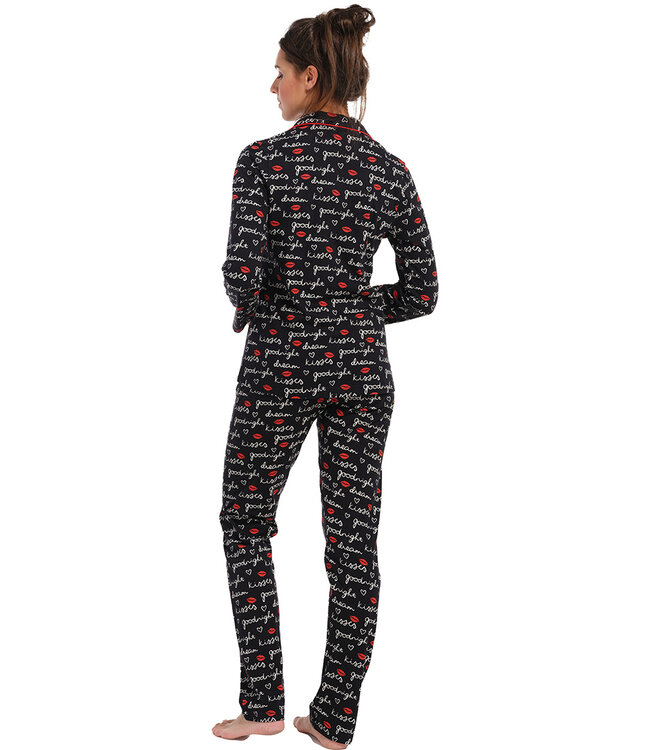 ladies full button long sleeve cotton pyjama 'goodnight kiss kiss'