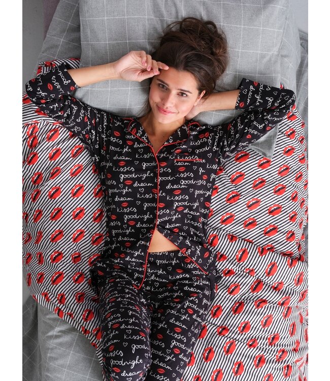 ladies full button long sleeve cotton pyjama 'goodnight kiss kiss'