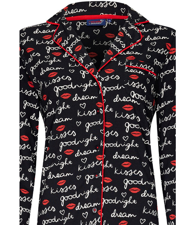 ladies full button long sleeve cotton pyjama 'goodnight kiss kiss'