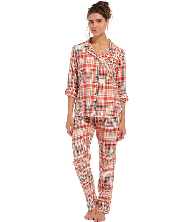 long sleeve full button woven cotton pyjama  'peachy orange check'