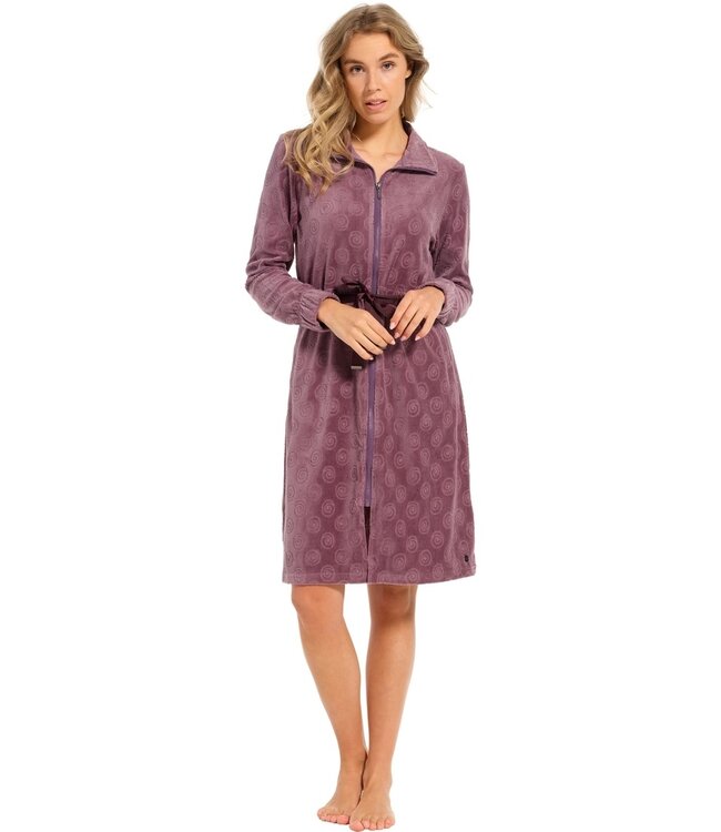 ladies luxury purple velvet morninggown with full zip 'soft swirls'