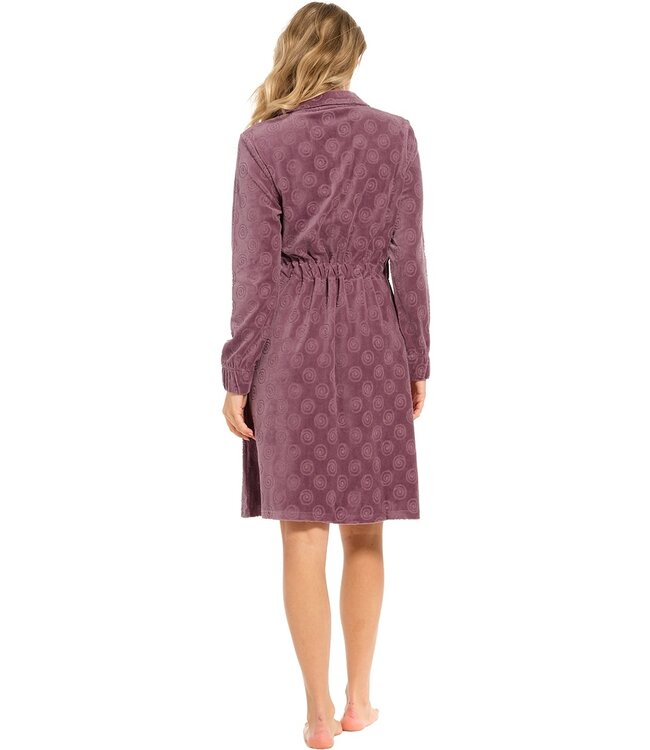 luxe dames ochtendjas 'soft swirls' van paars velours met ritssluiting en taille lint